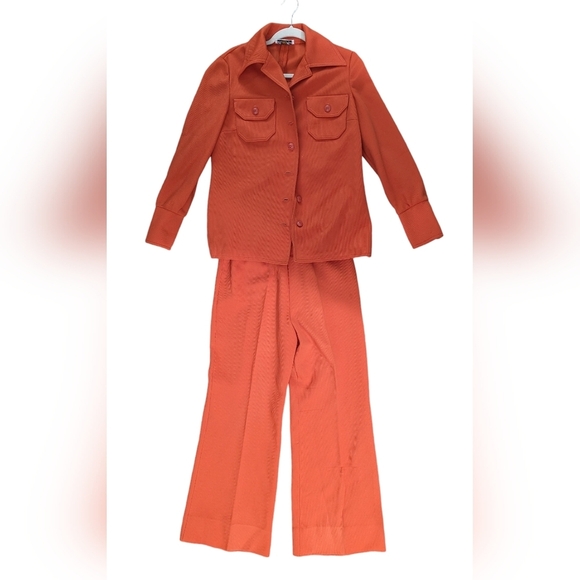 Vintage 1970s Butte Knit Orange Pantsuit Two Piece Set Mod Retro Wide Leg Blazer - Picture 2 of 14
